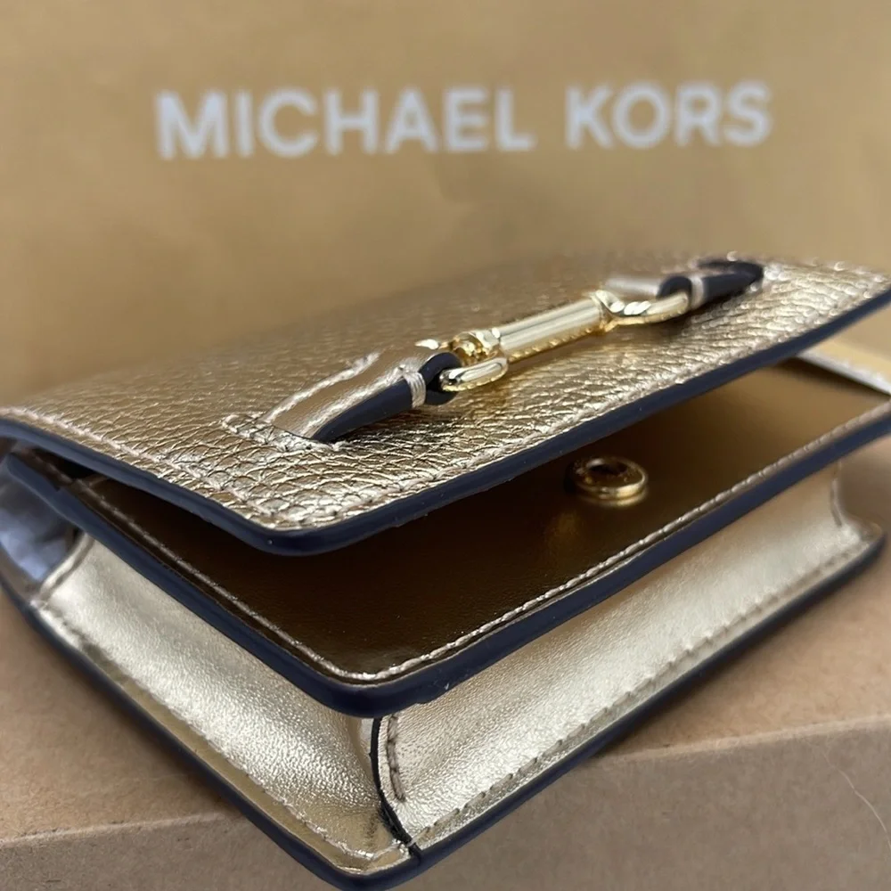 MICHAEL KORS Carson Small Metallic Pebbled Leather Wallet Pale Gold  NWT